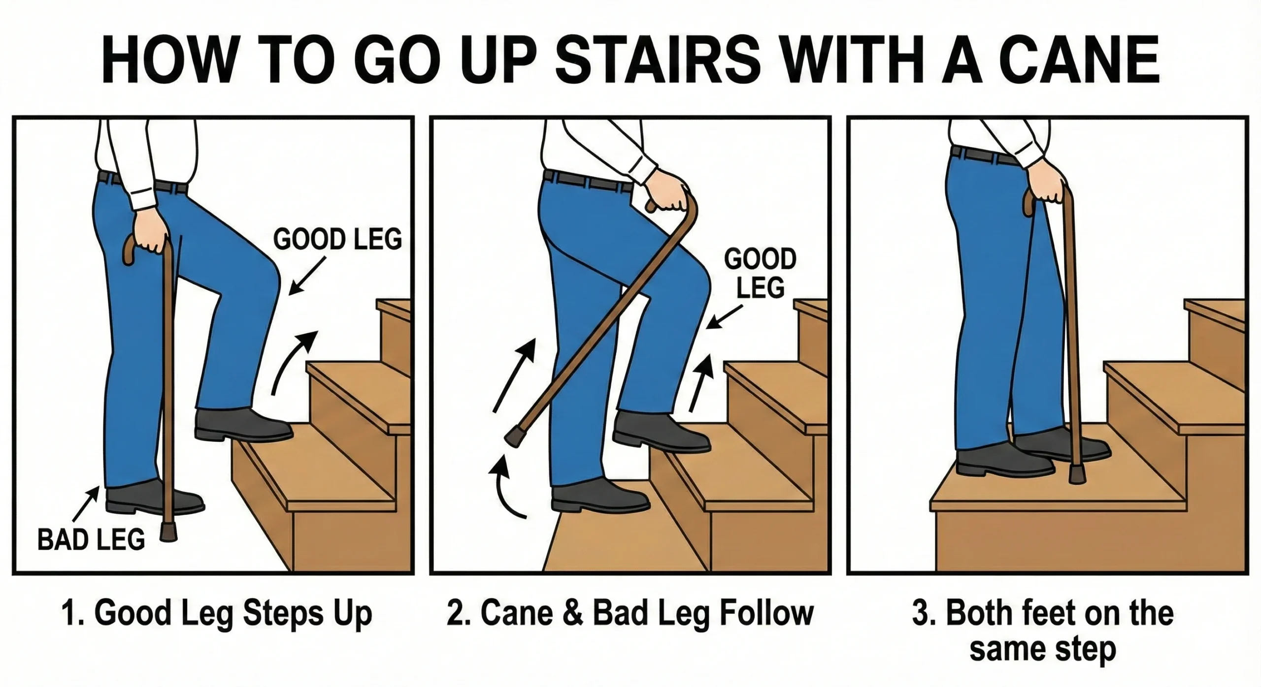 Step by step guide for walking up stairs with a cane