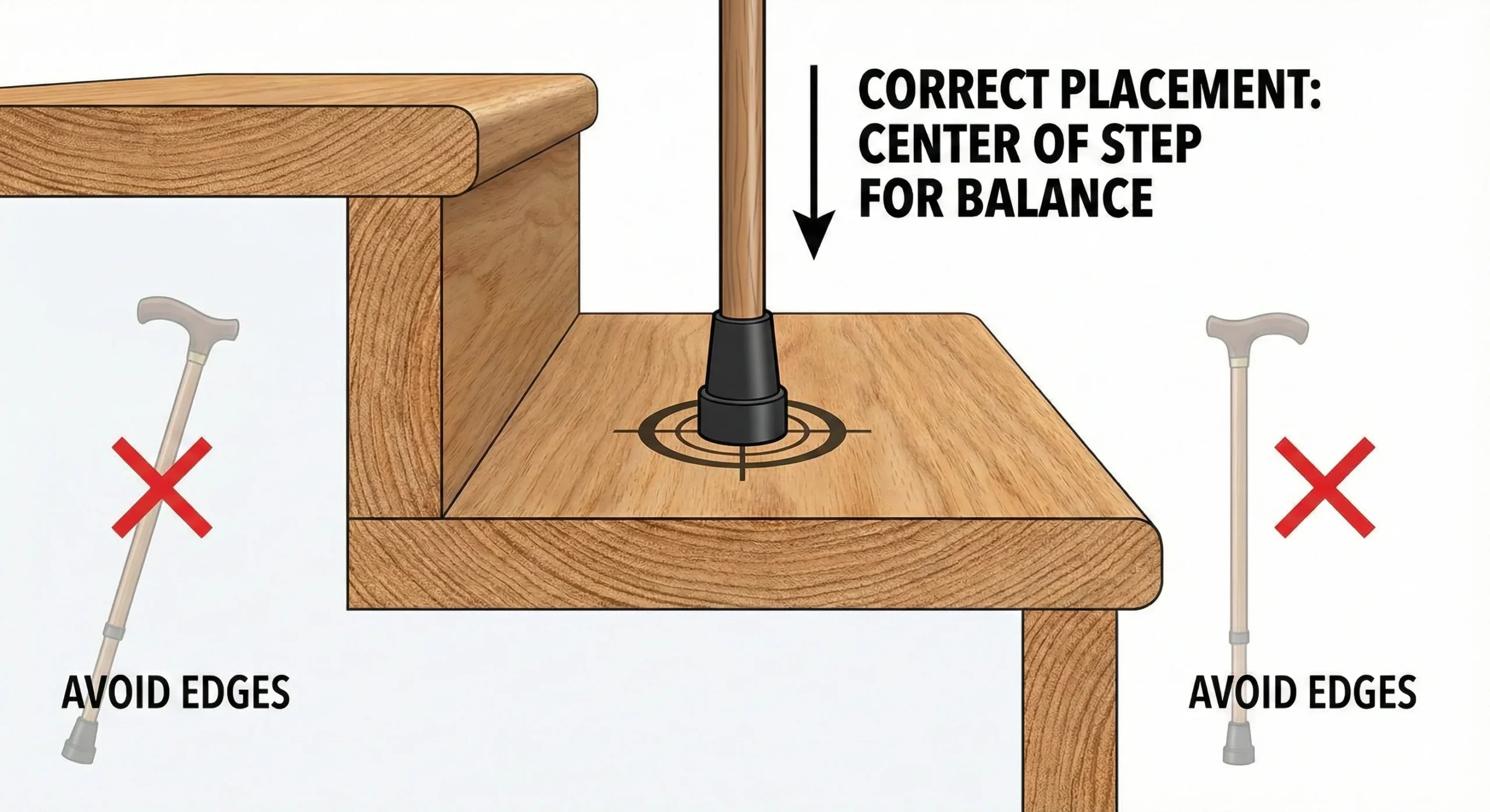 Diagram showing correct cane placement on step for balance