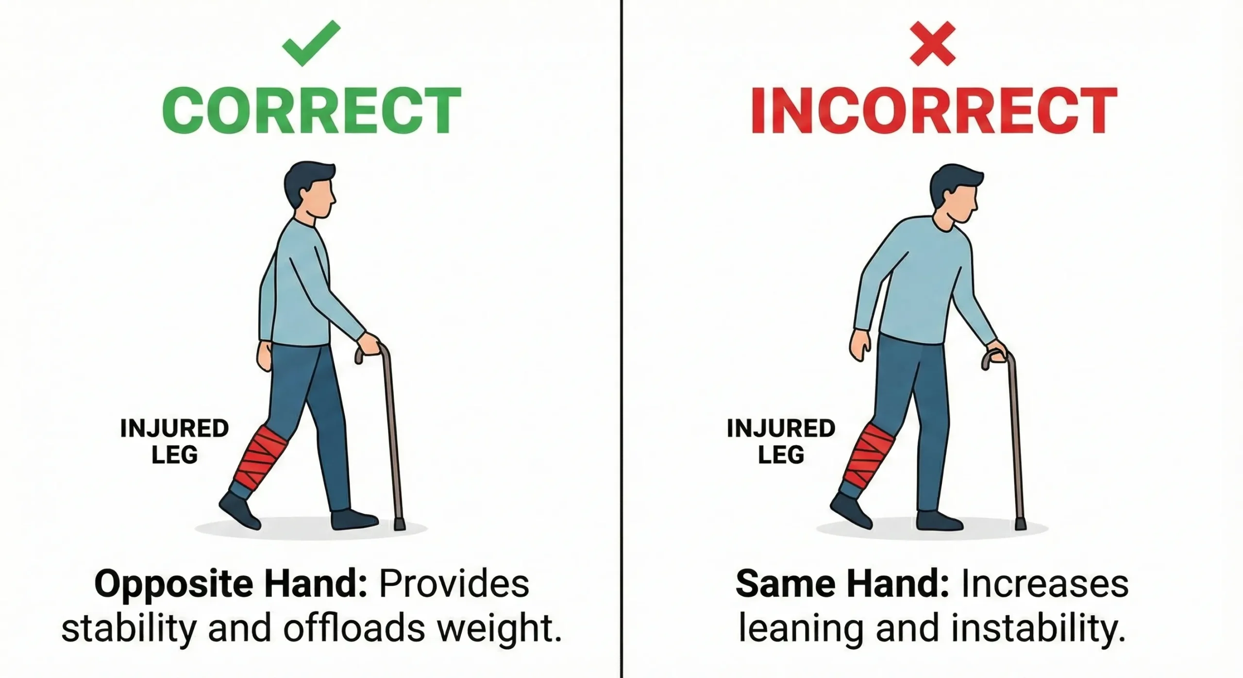 Comparison of holding cane in correct opposite hand vs incorrect same hand