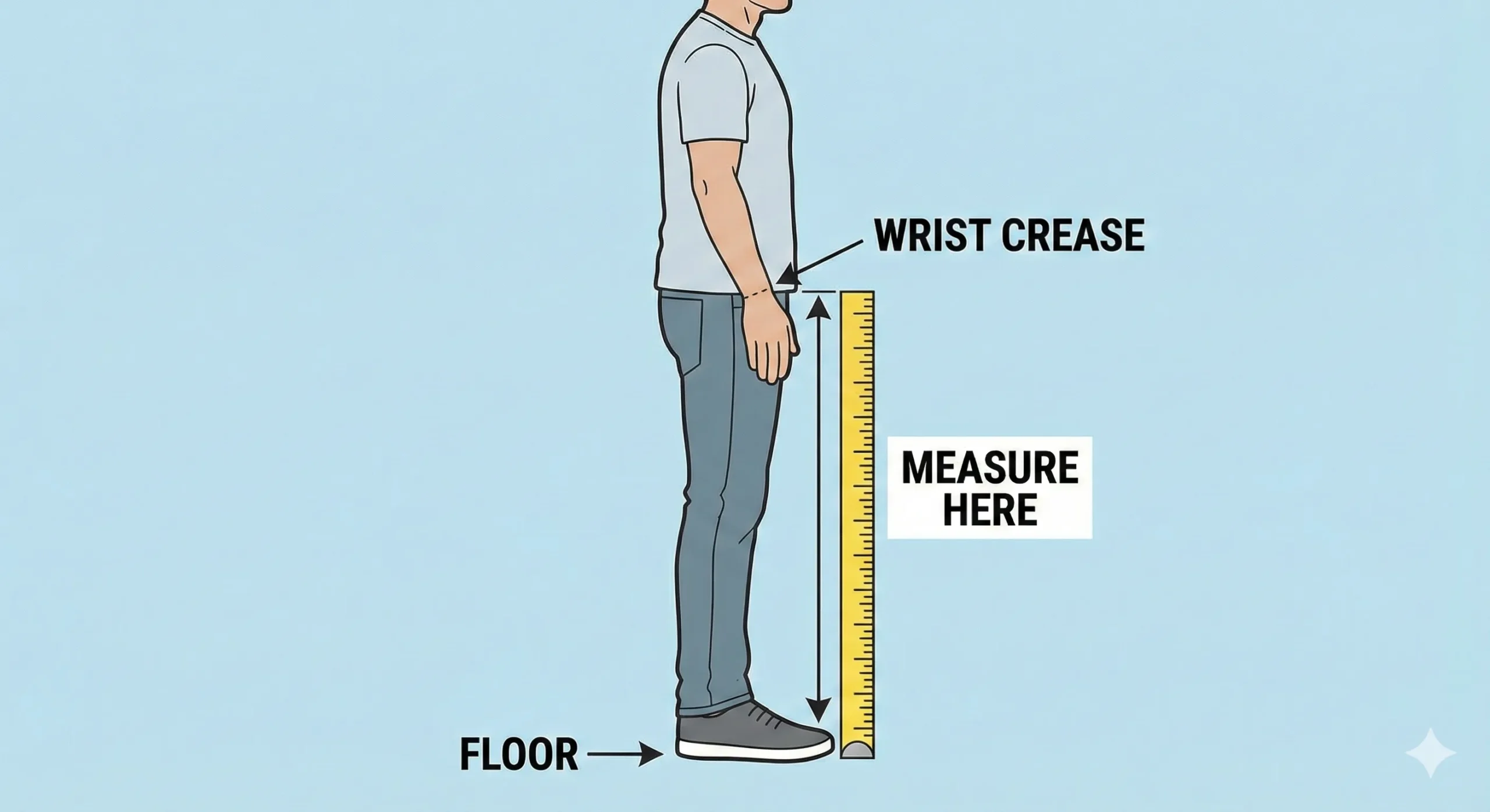Diagram showing a person standing straight measuring floor to wrist crease