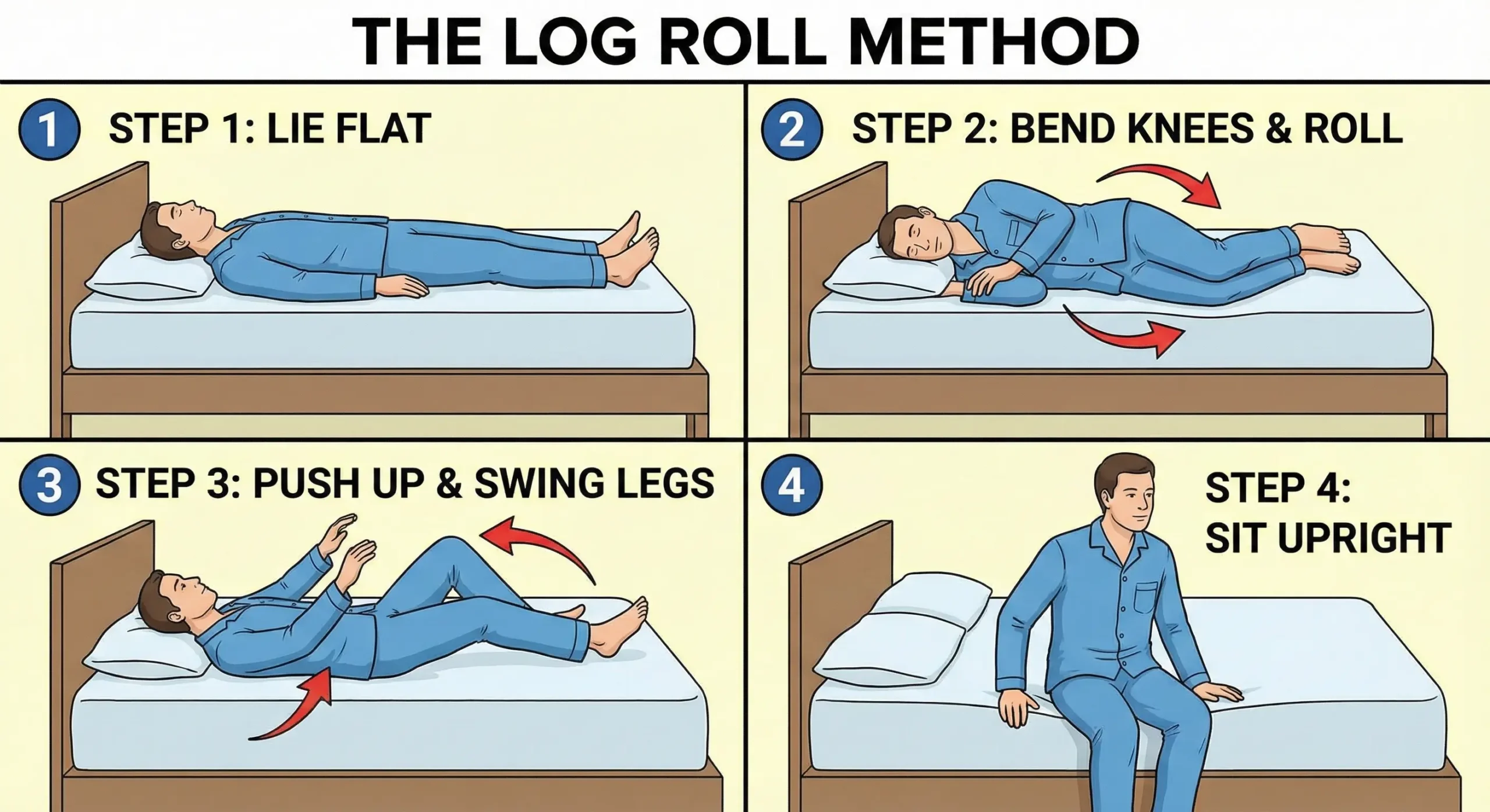 Step-by-step illustration of the Log Roll method for getting out of bed