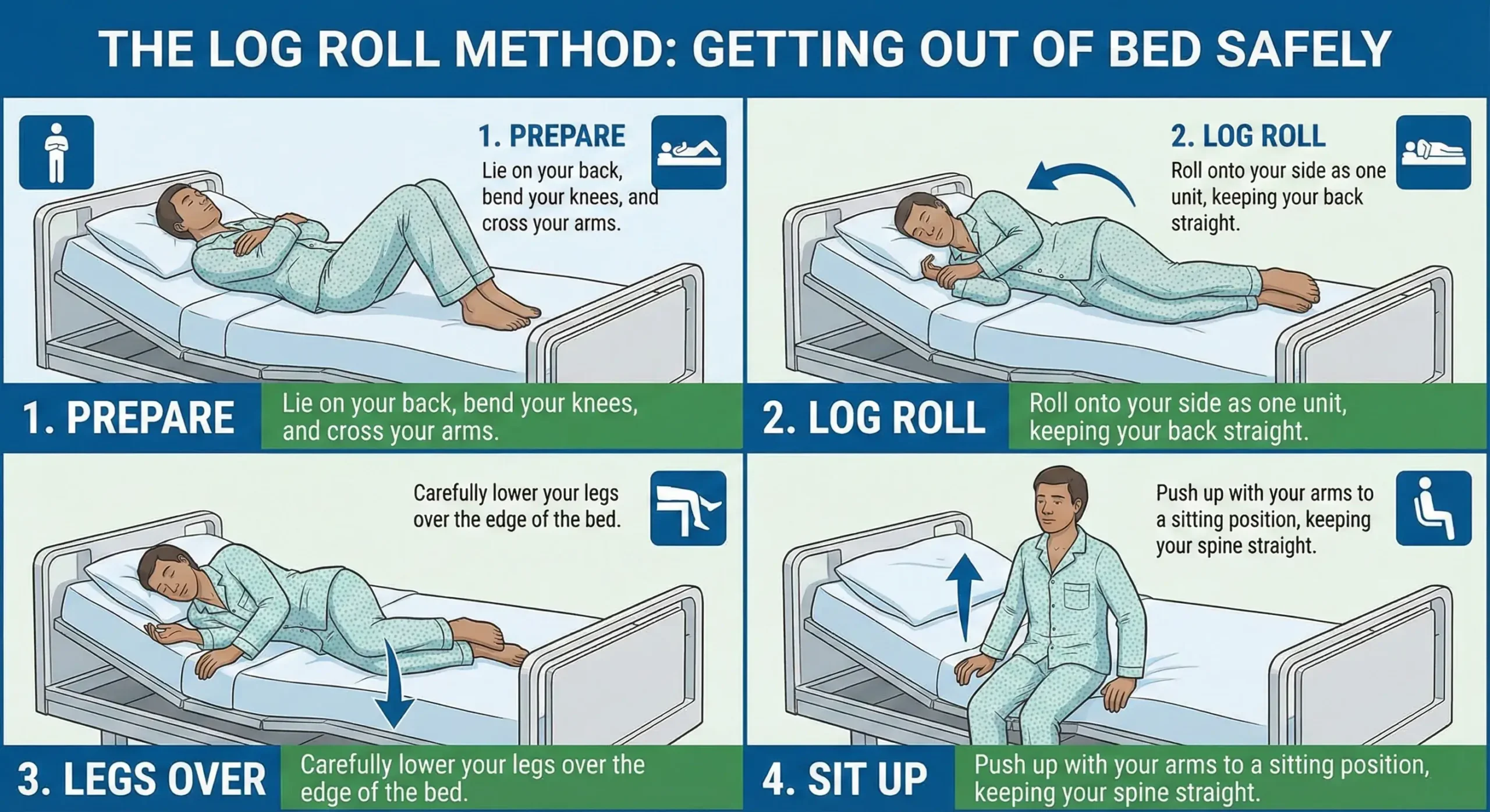 Step-by-step illustration of the Log Roll method for getting out of bed safely.