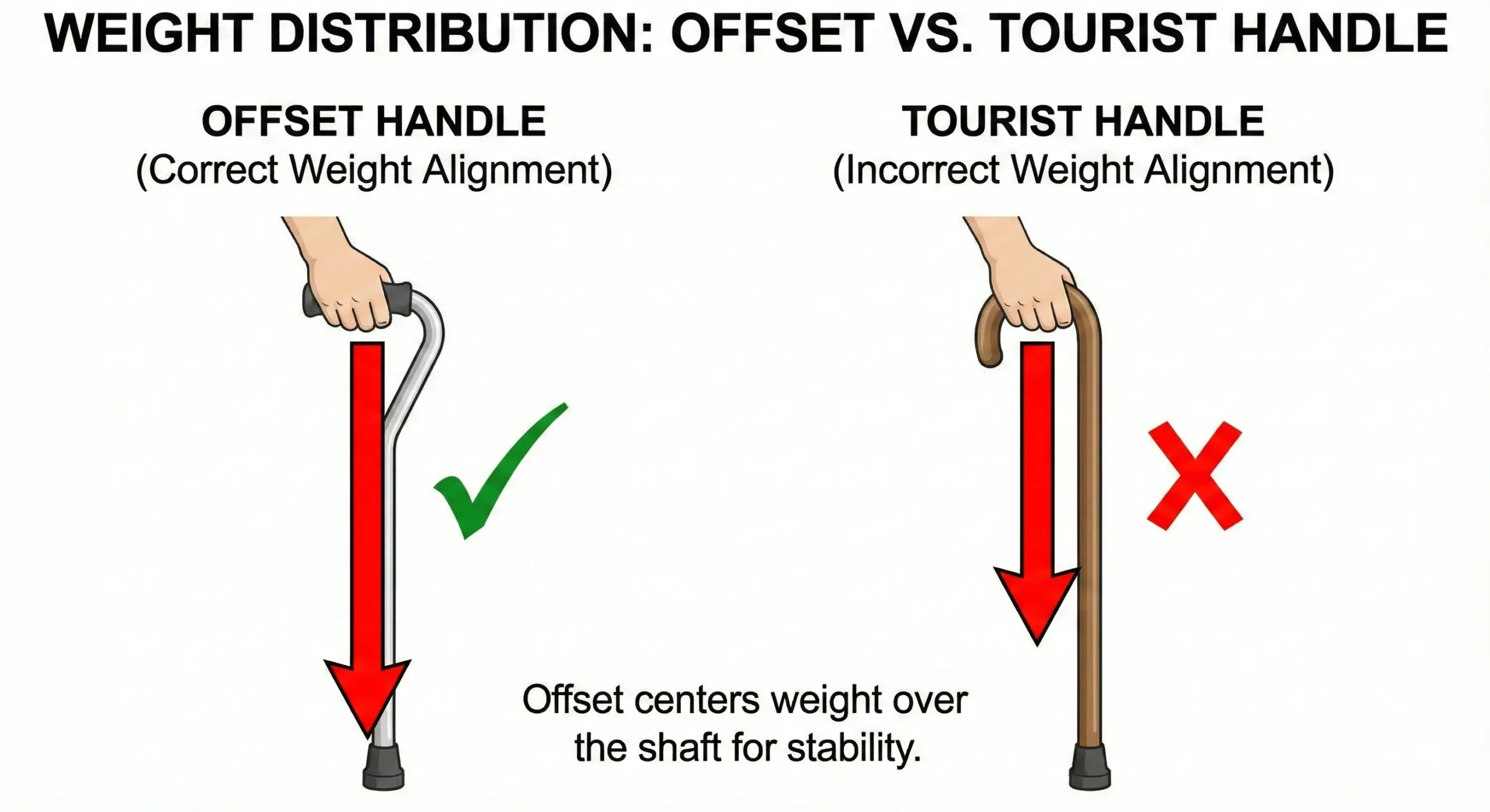 Diagram: Offset handle vs Tourist handle weight alignment