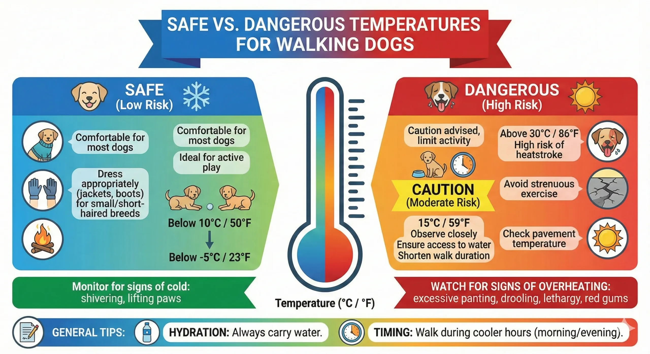 Infographic showing safe vs dangerous temperatures for walking dogs in winter.