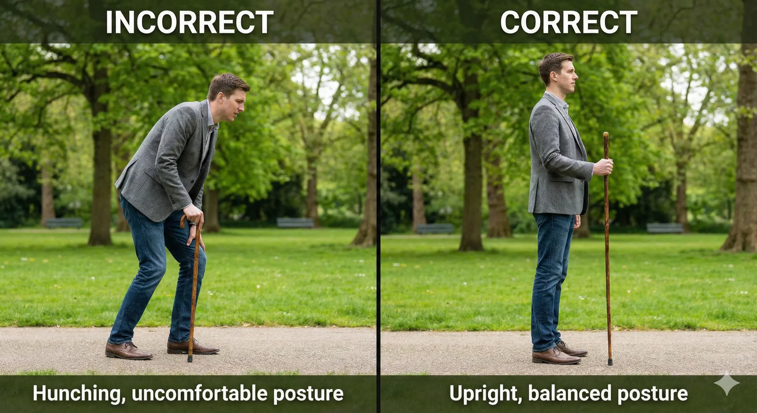 Comparison of a tall man hunching with a short cane vs standing straight with a tall cane