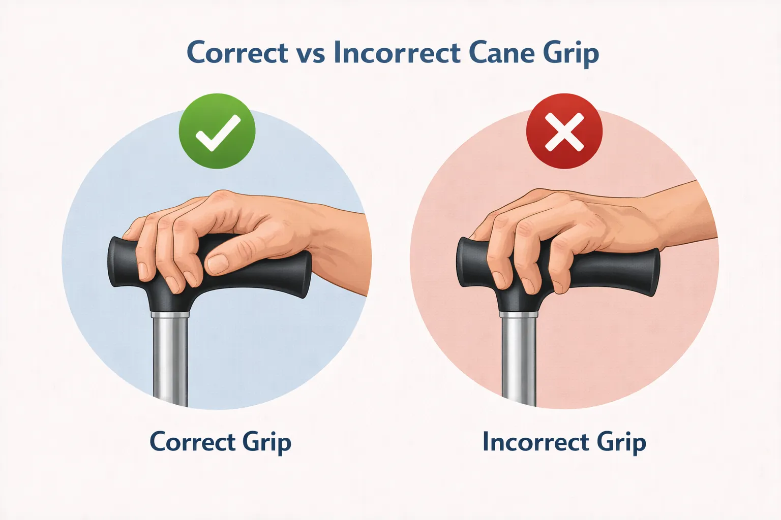 Illustration of correct vs incorrect cane grip