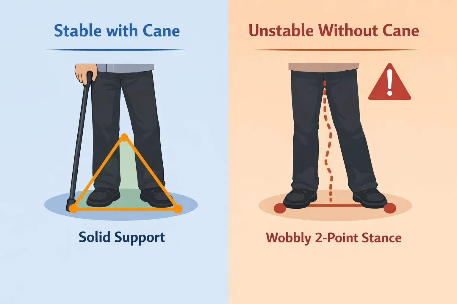 Diagram showing triangular support base created by two feet and a cane