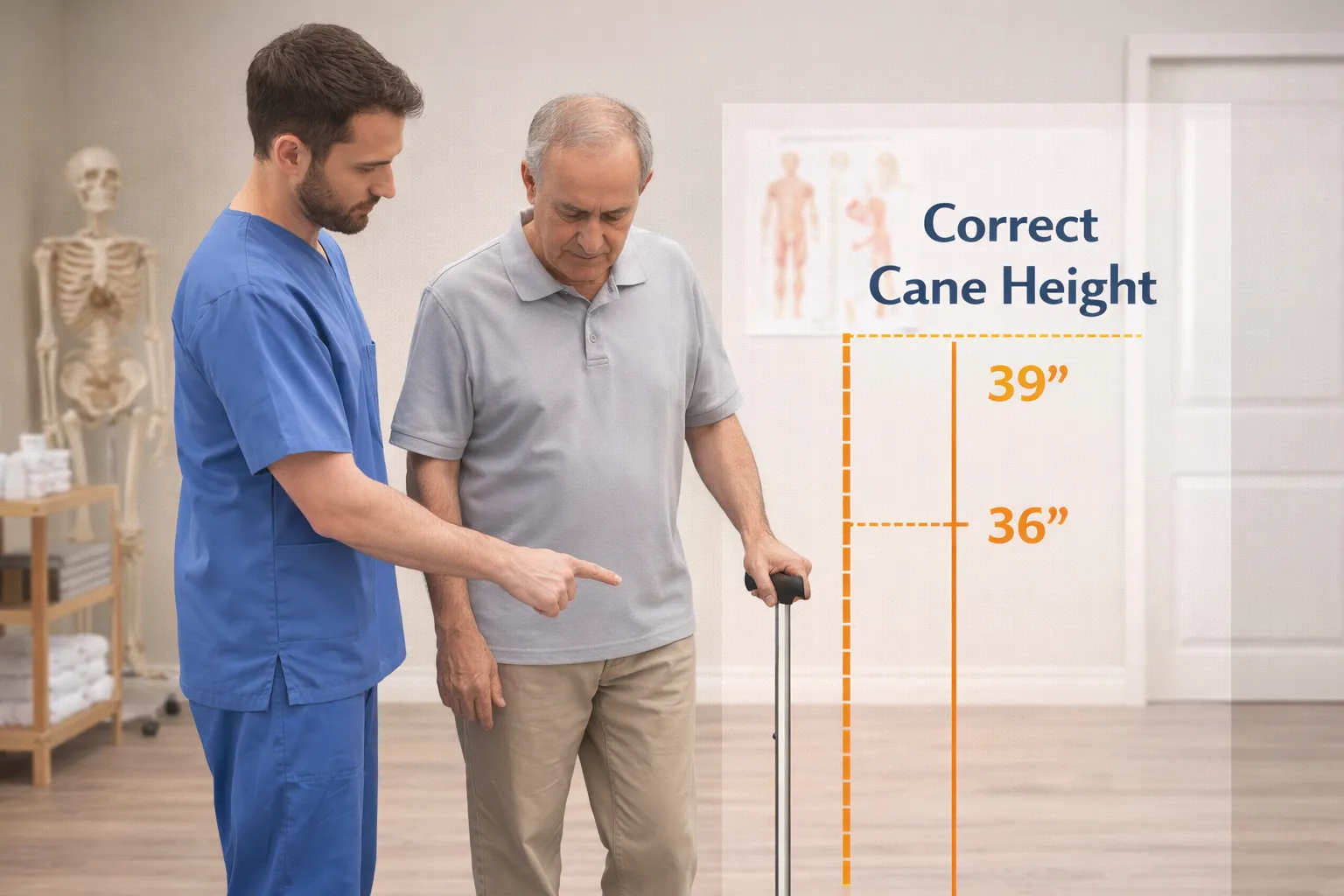 Physical therapist demonstrating proper cane fitting