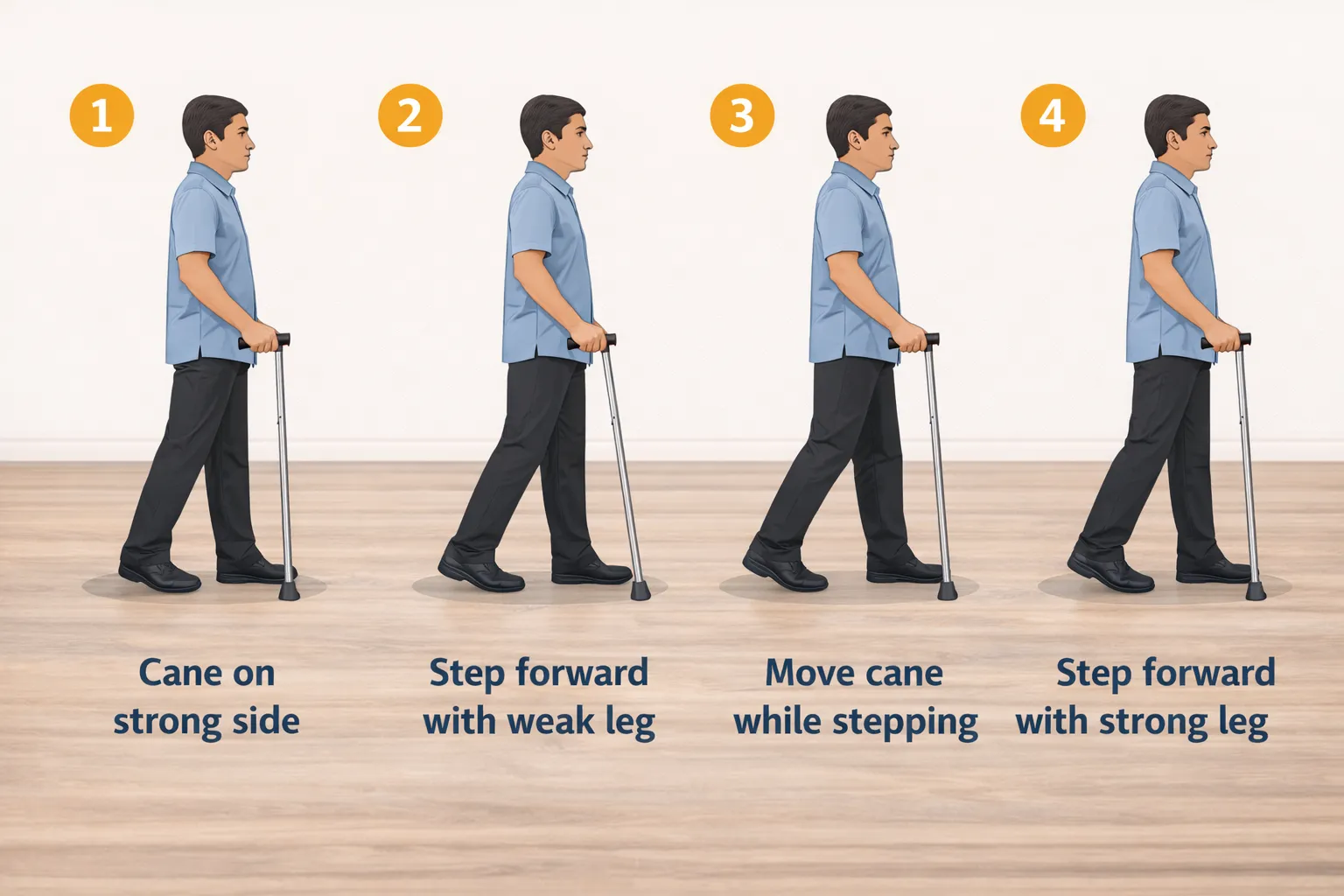 Step by step cane walking technique