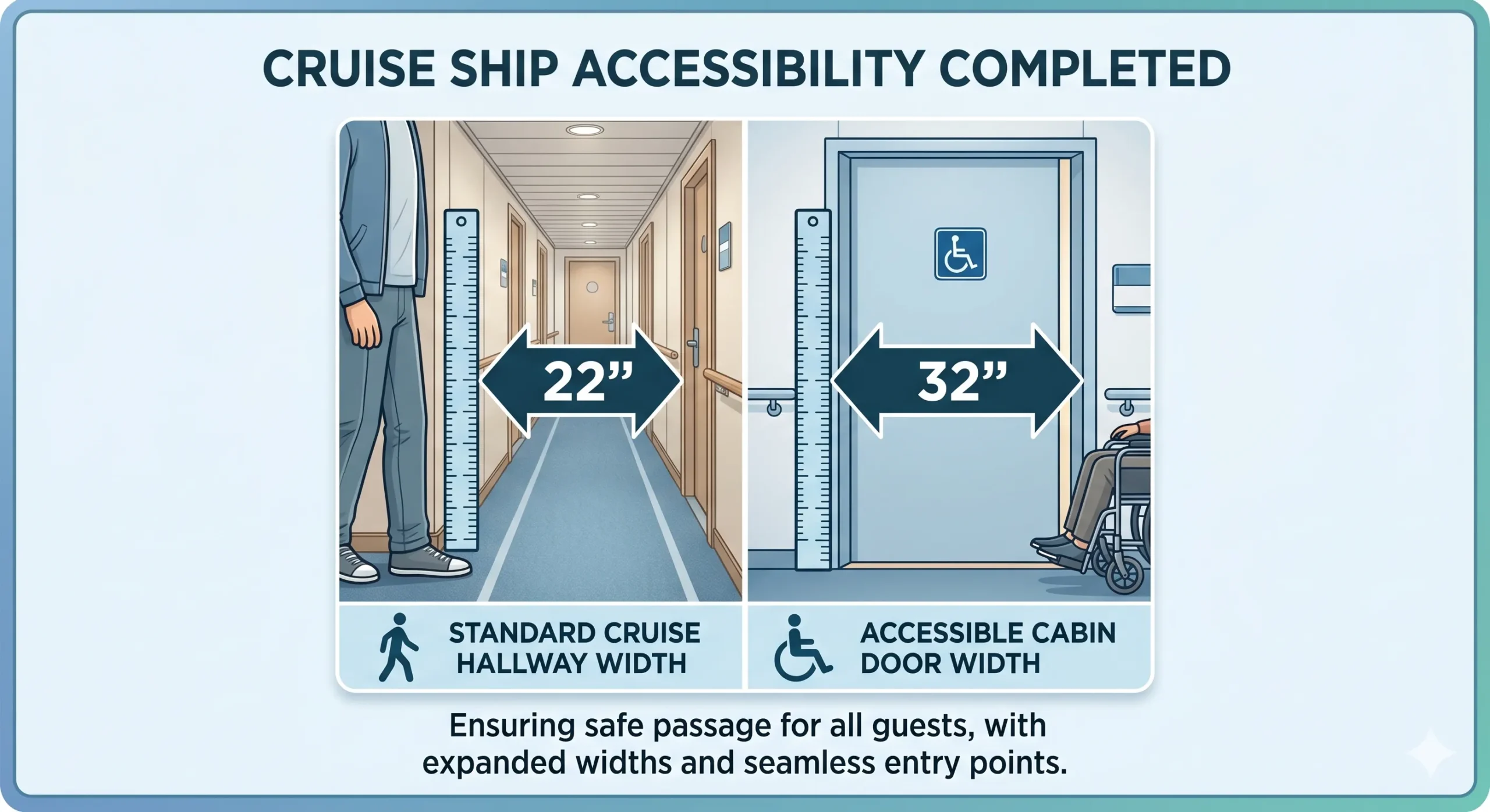 Infographic showing a 22-inch standard cruise hallway width versus a 32-inch accessible cabin door width