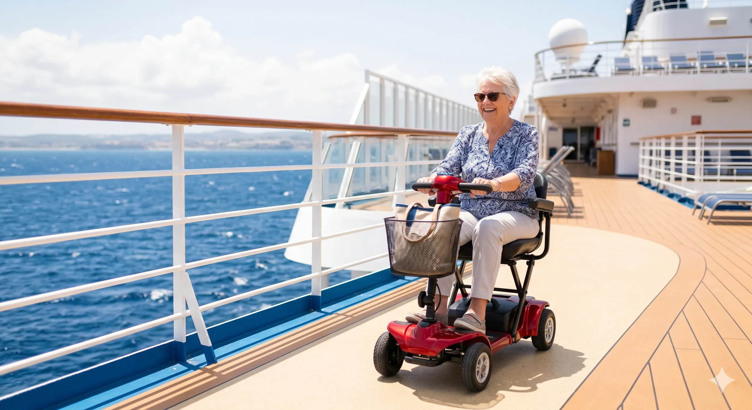 A happy senior driving a compact red folding mobility scooter on a sunlit cruise ship deck