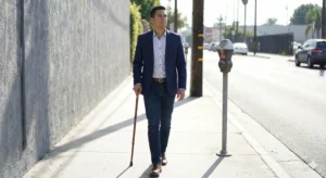 A photo of a person walking confidently on a sidewalk, cane in the correct hand, looking forward