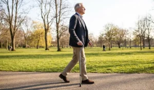 A photo of a person walking outdoors with good posture, cane in the correct hand, looking forward