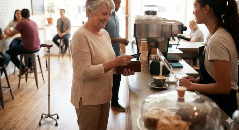 Self-standing walking cane with feet standing upright at a grocery checkout counter while user pays