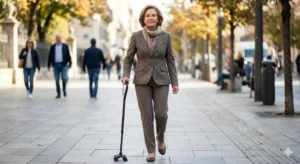 A photo of a confident person walking outdoors with a cane, looking straight ahead, not at their feet