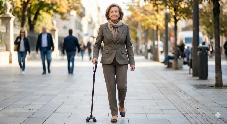 A photo of a confident person walking outdoors with a cane, looking straight ahead, not at their feet
