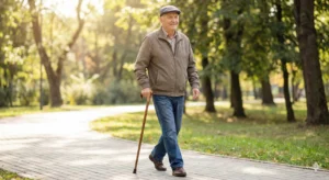A photo of a person walking confidently, holding the cane in the correct (opposite) hand, looking forward