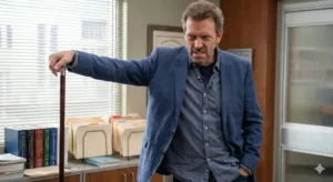 Hugh Laurie as Dr. House, leaning heavily on his cane with a stern expression