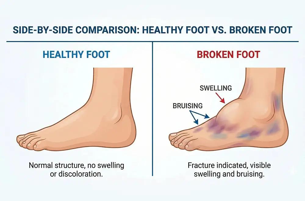 Side-by-side comparison image showing a healthy foot versus a broken foot with visible swelling and bruising.