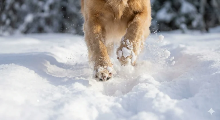 Dog walking happily on snow with focus on paws during a winter walk