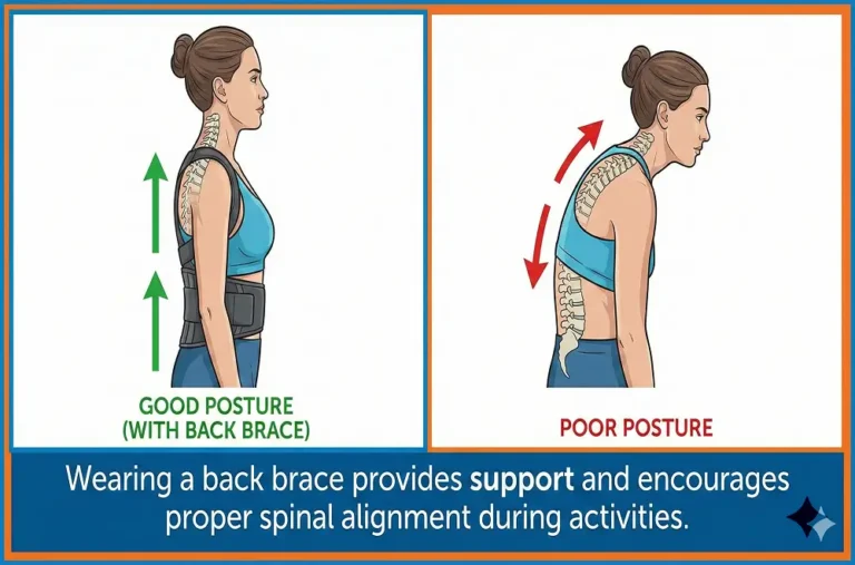 Comparison image showing a person walking with good posture while wearing a back brace versus poor posture without proper alignment.