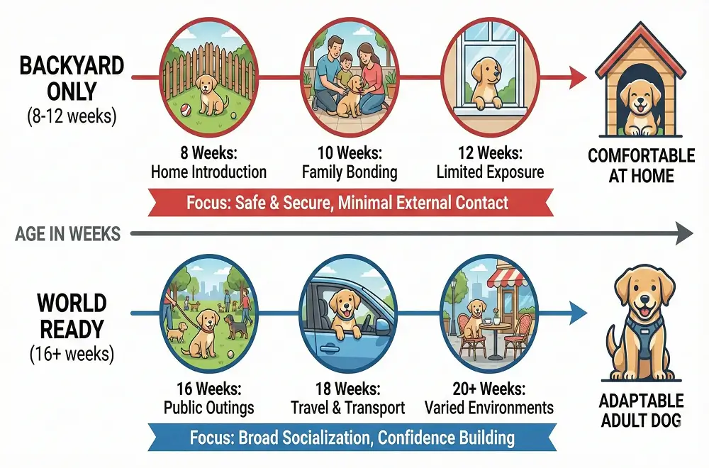 Puppy socialization timeline showing ‘Backyard Only’ stage at 8–12 weeks versus ‘World Ready’ stage after 16 weeks.