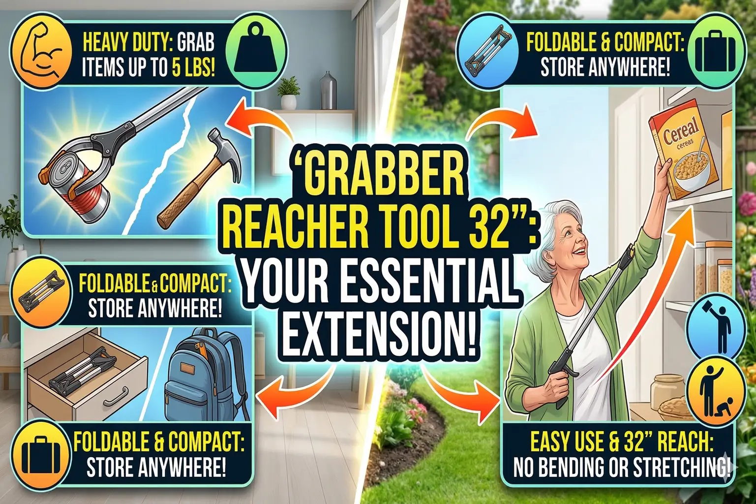 Grabber Reacher Tool 32 – Heavy Duty Foldable & Easy Use
